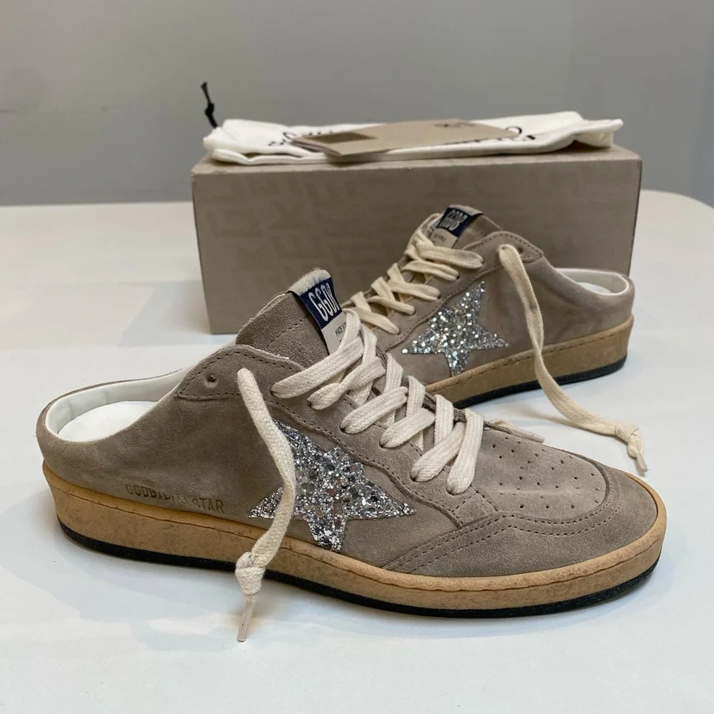 Golden Goose Ball Star Sabot Sneaker Taupe Suede/Silver Glitter sz 37 New in Box - Picture 8 of 11